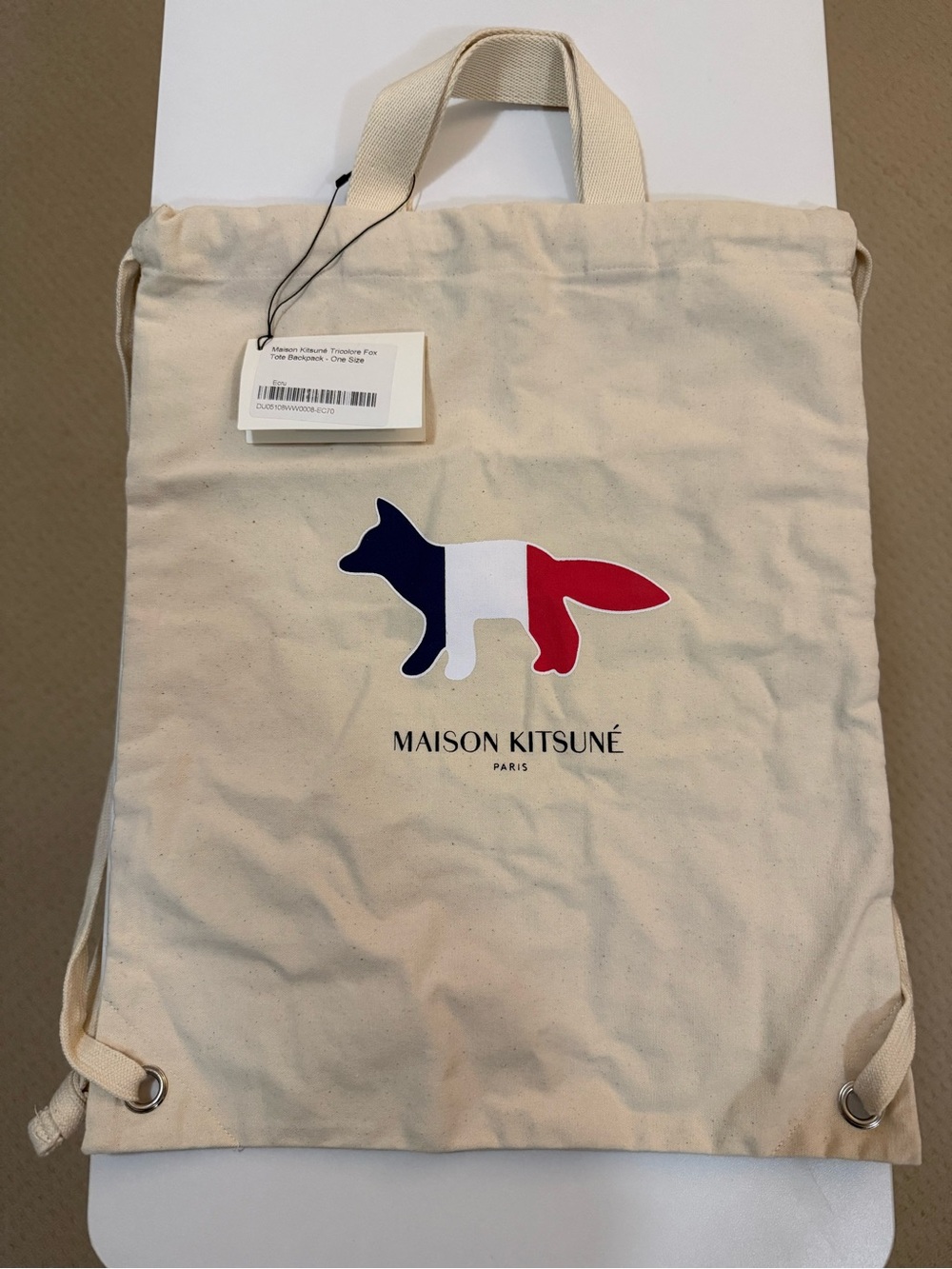 Maison Kitsuné Tricolore Fox Canvas Tote Backpack Ecru